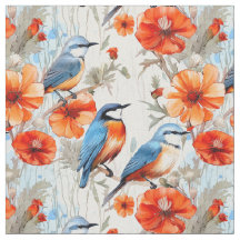 Fairy wrens and orange poppy flowers with birds