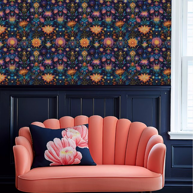 Fairycore Ethereal Funky Glowing Flowers Wallpaper (Fairycore Ethereal Funky Glowing Flowers Wallpaper above a coral scalloped sofa.)