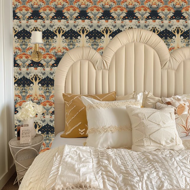 Fairycore Ethereal Orange & Cream Trees Wallpaper (Fairycore Ethereal Orange & Cream Trees Wallpaper behind a cream colored headboard.)