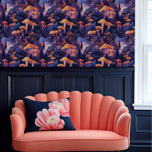 Fairycore Large Orange Toadstools in Purple Forest Wallpaper