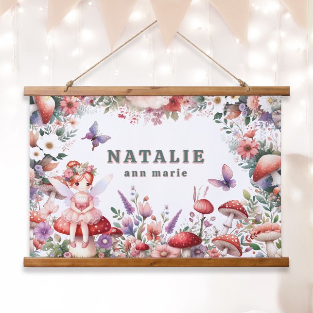 Fairycore Mushroom Garden Personalized Name Hanging Tapestry (Enchanted Fairycore Garden Custom Name Tapestry Wall Art with Red Hair Fairy)