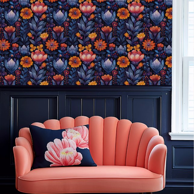 Fairycore Whimsical Orange, Red, and Blue Floral Wallpaper (Fairycore Whimsical Orange, Red, and Blue Floral Wallpaper above a coral scalloped sofa.)