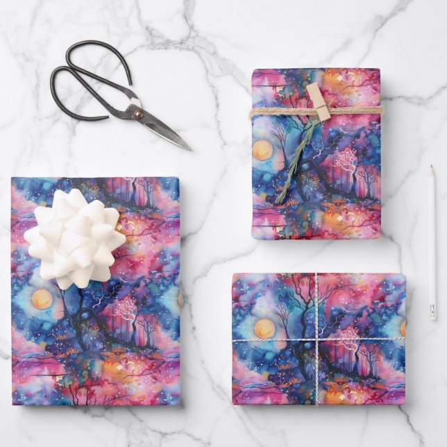 Fairyland Landscape Blue Pink Wrapping Paper Sheet (Front)