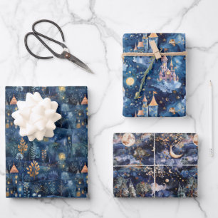 Fairyland Landscape Navy Blue Night Wrapping Paper Sheet