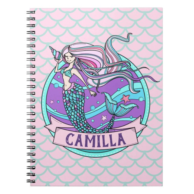 Fairyland Mermaid | Cute Dainty Pink Personalized Notebook (Front)