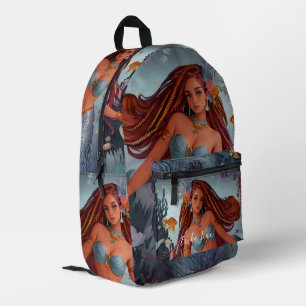 Fairytale African American Watercolor Mermaid Printed Backpack