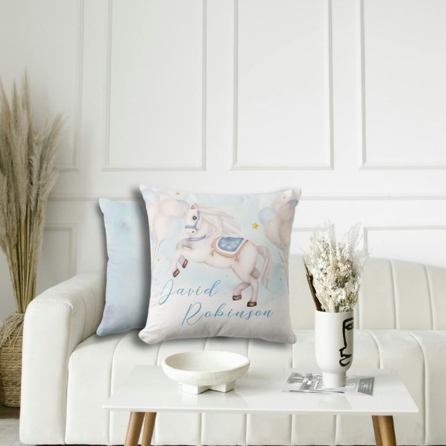 Fairytale baby boy Pony Blue balloons stars Throw Pillow (Creator Uploaded)
