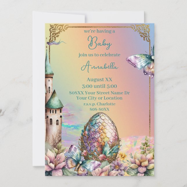Fairytale Baby Dragon Egg on Rainbow Invitation (Front)