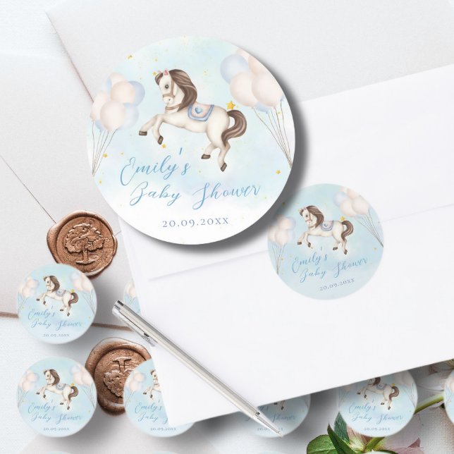 Fairytale baby Pony Blue balloon star Shower Classic Round Sticker (Creator Uploaded)