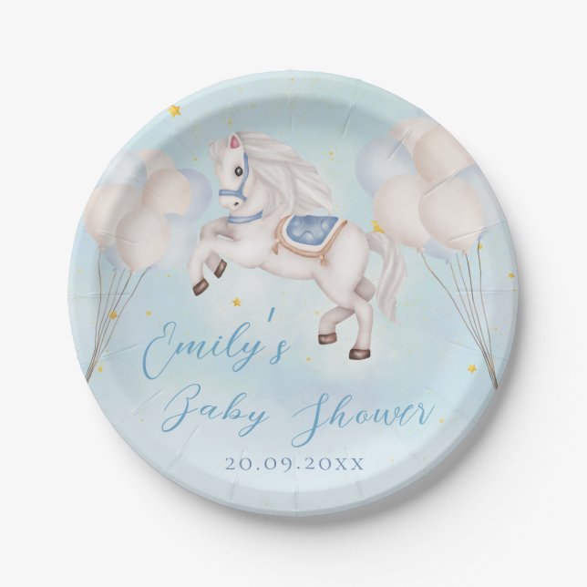Fairytale baby Pony Blue balloons stars Shower Paper Plate (Front)