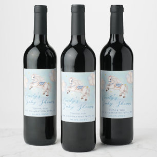Fairytale baby Pony Blue balloons stars Shower Wine Label