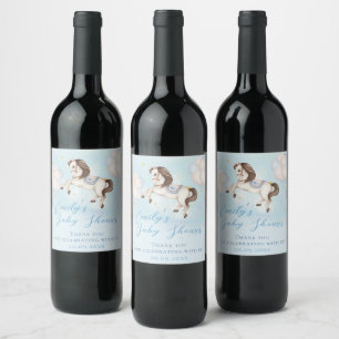 Fairytale baby Pony Blue balloons stars Shower Wine Label