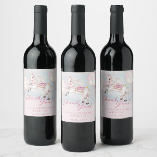 Fairytale baby Pony pink balloons stars Celebrate Wine Label