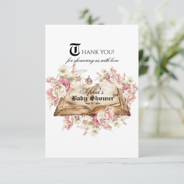 Fairytale Book Pink Rose Baby Shower Thank You Card (Standing Front)