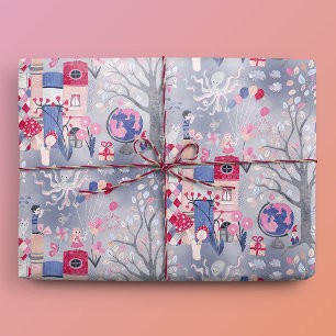 Fairytale Books and Magical Creatures Grey Wrapping Paper