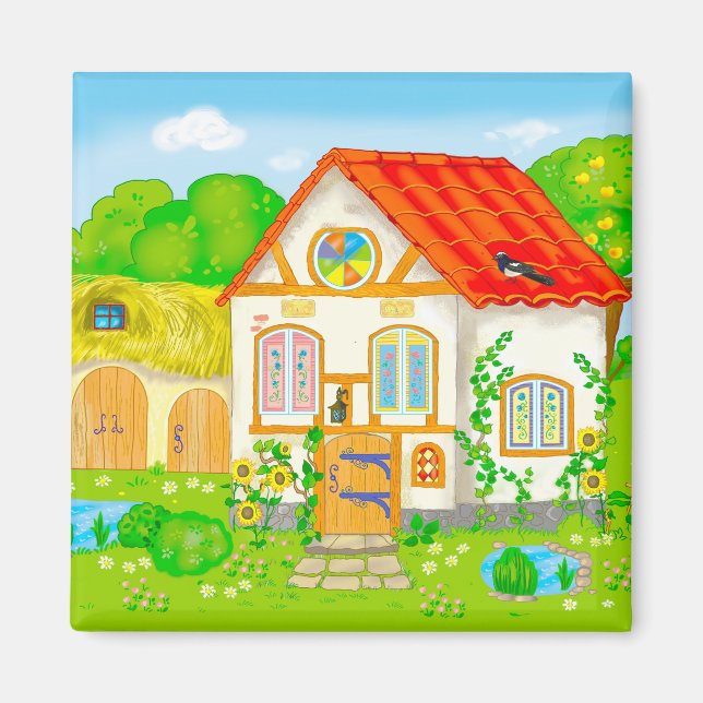 fairytale cartoon house with red roof and patio magnet (Front)