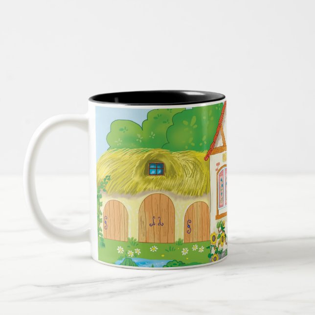 fairytale cartoon house with red roof and patio Two-Tone coffee mug (Left)