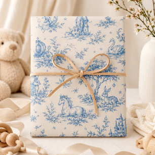 Fairytale Castle and Unicorn Blue Toile Wrapping Paper Sheet