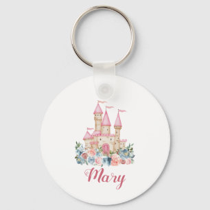 Fairytale Castle Kids Name Soft Colours Floral Cut Keychain