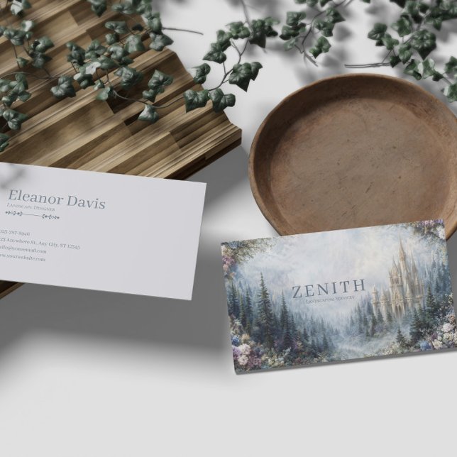 Fairytale Castle Misty Forest Floral Landscape Business Card (Creator Uploaded)