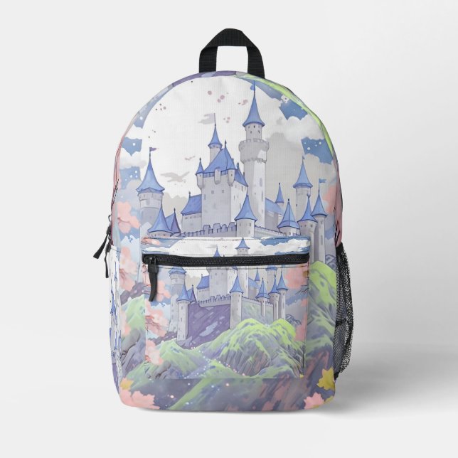 Fairytale Castle Pastel Watercolor Printed Backpack (Front)