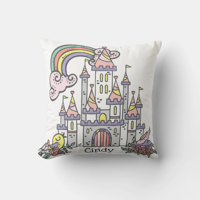 Fairytale Castle Princess Custom Name Throw Pillow (Front)