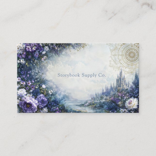 Fairytale Castle Purple Floral Gold Compass Business Card (Front)