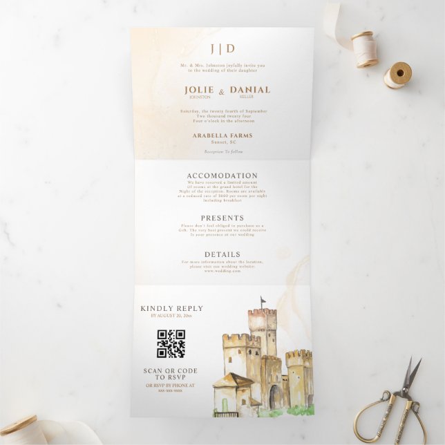Fairytale castle QR code story book wedding  Tri-Fold Invitation (Inside)