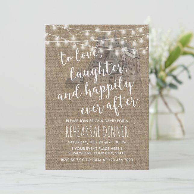 Fairytale Castle Rustic Burlap Rehearsal Dinner Invitation (Standing Front)