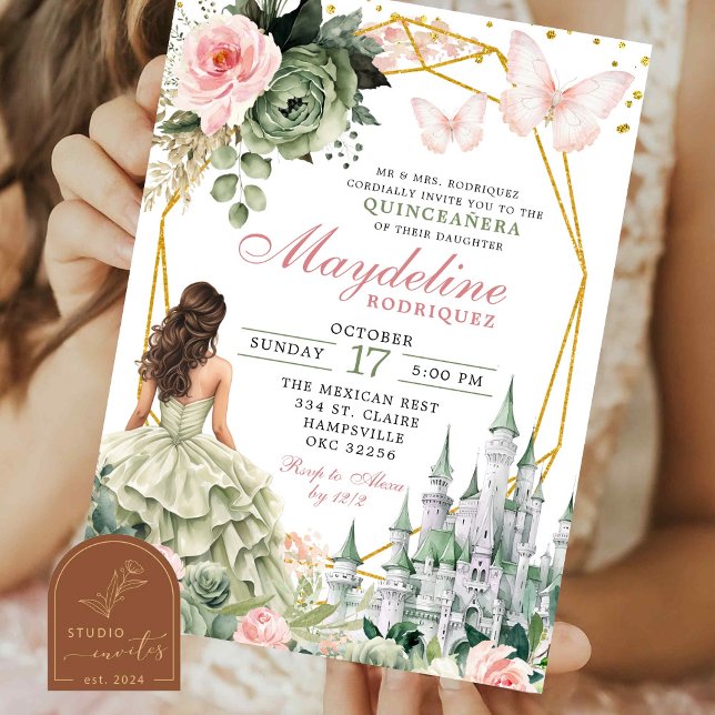 Fairytale Castle Sage Green and blush pink Floral Invitation (Creator Uploaded)