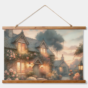 Fairytale Cottage at Sunset with Roses Hanging Tapestry