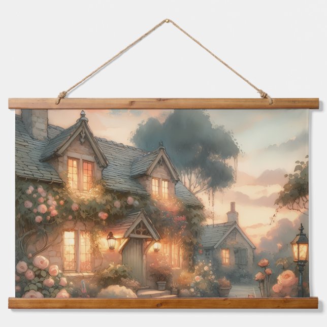 Fairytale Cottage at Sunset with Roses Hanging Tapestry (Front)