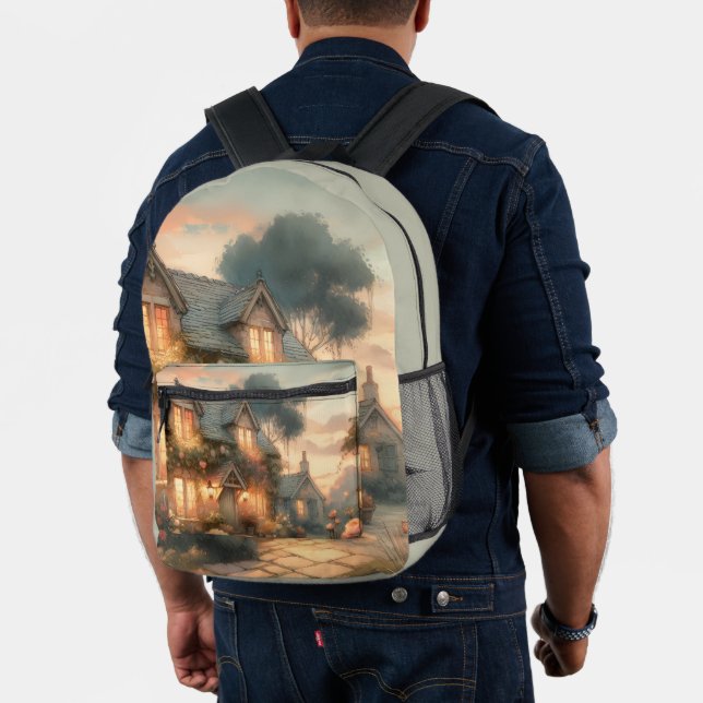 Fairytale Cottage at Sunset with Roses Printed Backpack (Insitu (Model))