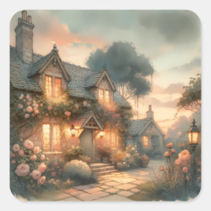 Fairytale Cottage at Sunset with Roses Square Sticker