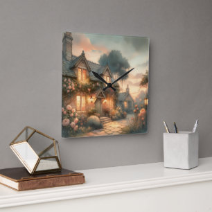 Fairytale Cottage at Sunset with Roses Square Wall Clock