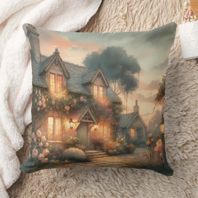 Fairytale Cottage at Sunset with Roses Throw Pillow (Blanket)