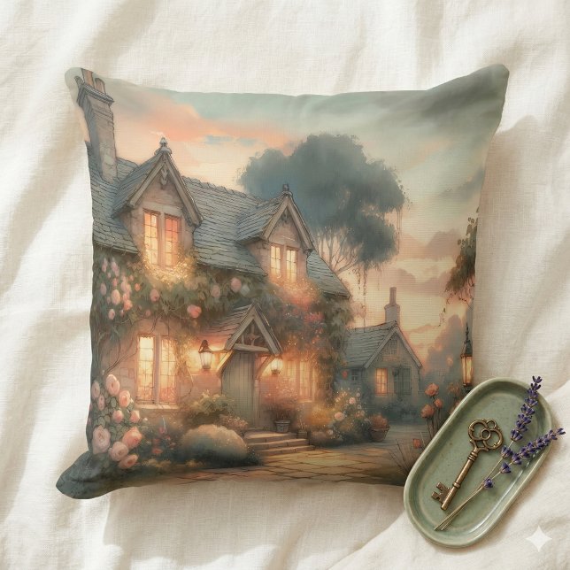 Fairytale Cottage at Sunset with Roses Throw Pillow (Fairytale Cottage at Sunset with Roses Throw Pillow Mockup A)
