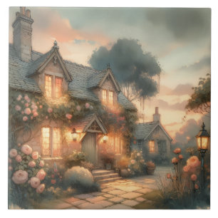 Fairytale Cottage at Sunset with Roses Tile