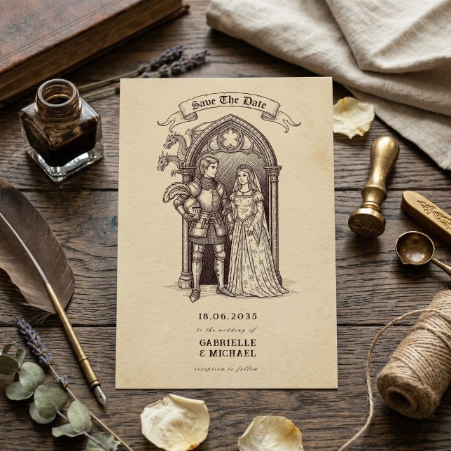 Fairytale Couple Gothic Arch Medieval Wedding Save The Date (Creator Uploaded)