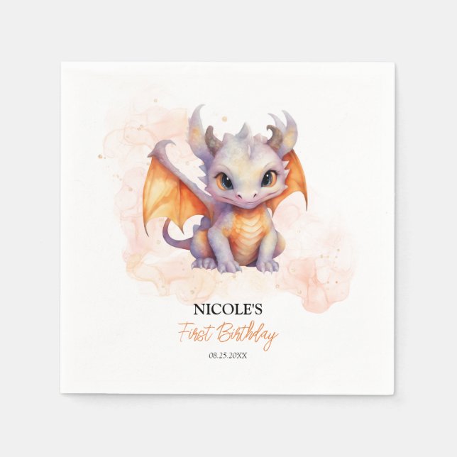 Fairytale Cute Baby Dragon Kids Birthday Napkin (Front)