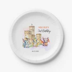 Fairytale Cute Baby Dragons Castle Birthday Paper Plate