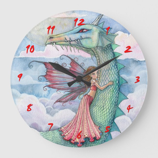 Fairytale Dragon and Fairy Girls Wall Horloge (Recto)