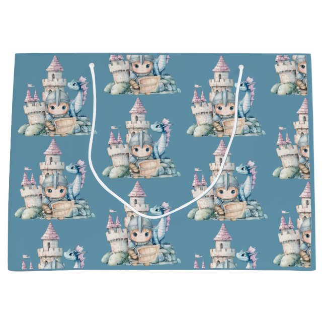 Fairytale Dreamy Dragon Blue Knight Baby Shower Large Gift Bag (Front)