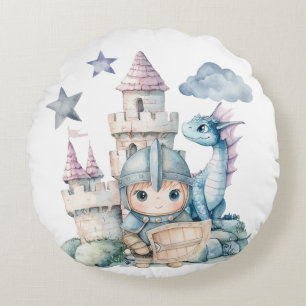 Fairytale Dreamy Dragon Blue Knight Baby Shower Round Pillow