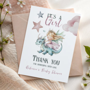 Fairytale Dreamy Dragon Pink Princess Baby Shower  Thank You Card