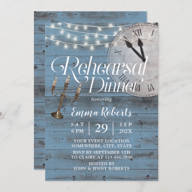 Fairytale Dusty Blue Barn Wedding Rehearsal Dinner Invitation (Front/Back)