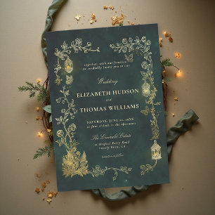 Fairytale Emerald Green Lantern Fairycore Wedding Invitation