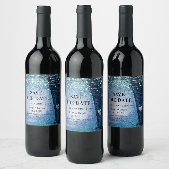 Fairytale Enchanted Forest Dark Blue Save The Date Wine Label (Bottles)