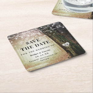 Fairytale Enchanted Forest Golden Save The Date Square Paper Coaster