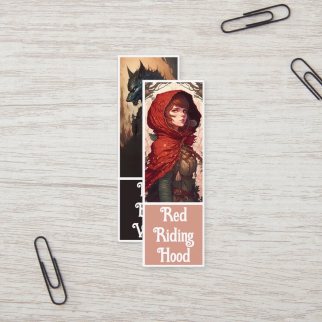 Fairytale Fantasy Red Riding Hood & Wolf Bookmark Mini Business Card (Front/Back In Situ)